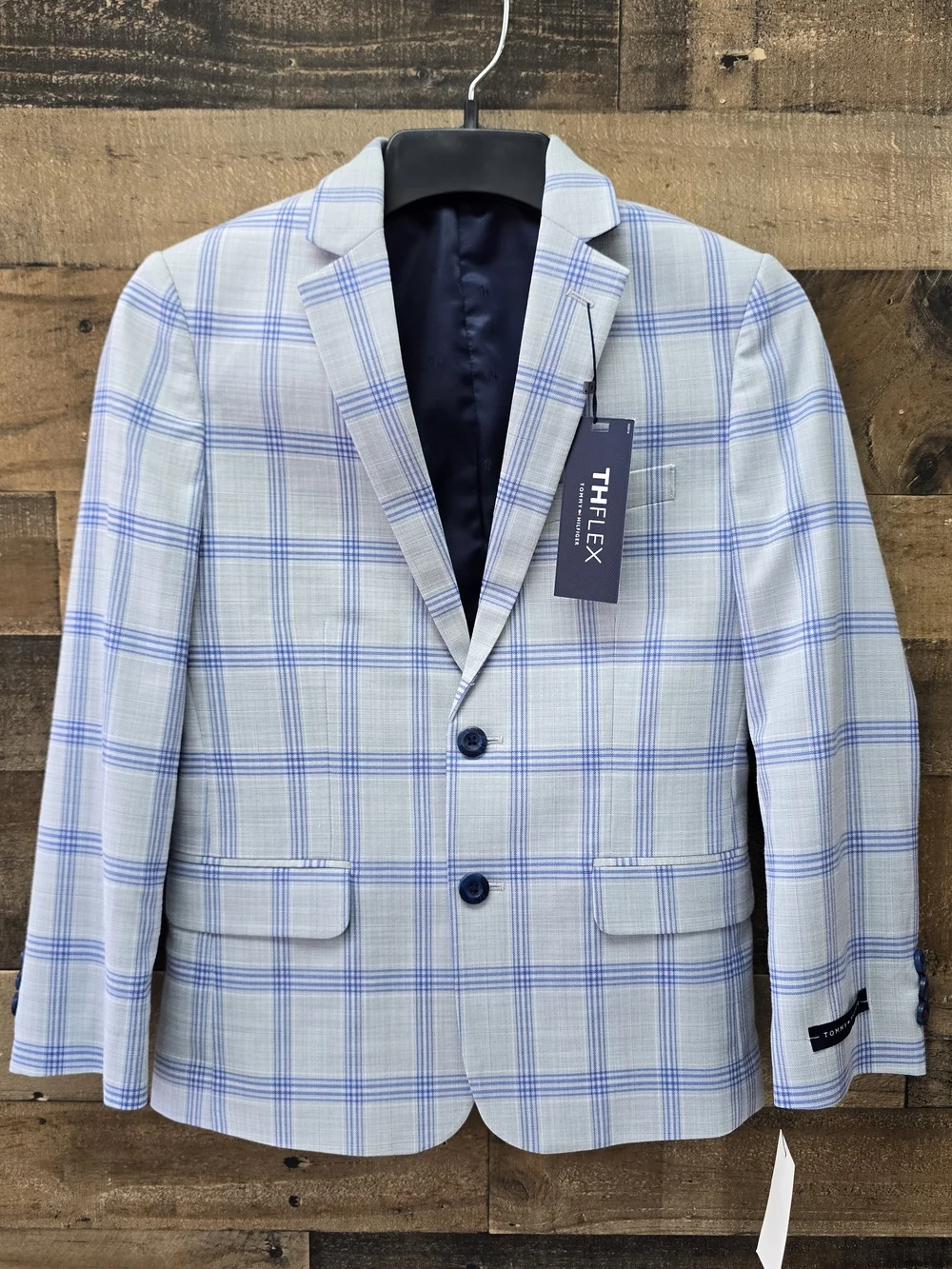 Boys Coat TOMMY-HILFIGER THFLEX Light Blue Windowpane Plaid Sport Blazzer Size10